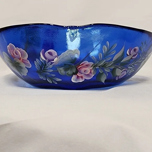 HANDPAINTED Cobalt Blue Bowl Floral Serving Dish Large Butterfly Roses Dimpled - Picture 2 of 14